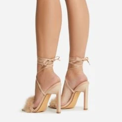 EGO Aubrie Fluffy Faux Feather Lace Up Square Toe Sculptured Heel In Nude Faux Suede -EGO Sales 22 09 22 fwbags0104