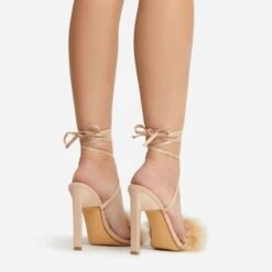 EGO Aubrie Fluffy Faux Feather Lace Up Square Toe Sculptured Heel In Nude Faux Suede -EGO Sales 22 09 22 fwbags0105
