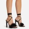 EGO Aubrie Fluffy Faux Feather Lace Up Square Toe Sculptured Heel In Black Faux Suede