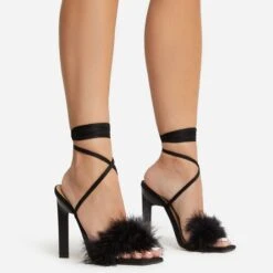 EGO Aubrie Fluffy Faux Feather Lace Up Square Toe Sculptured Heel In Black Faux Suede