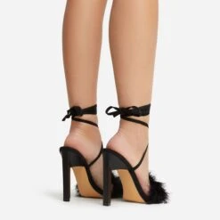 EGO Aubrie Fluffy Faux Feather Lace Up Square Toe Sculptured Heel In Black Faux Suede -EGO Sales 22 09 22 fwbags0110