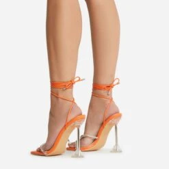 EGO Romantic Diamante Detail Lace Up Square Toe Clear Perspex Sculptured Heel In Orange Faux Leather -EGO Sales 22 09 22 fwbags0114