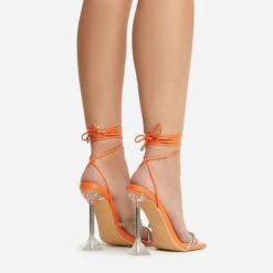 EGO Romantic Diamante Detail Lace Up Square Toe Clear Perspex Sculptured Heel In Orange Faux Leather -EGO Sales 22 09 22 fwbags0115