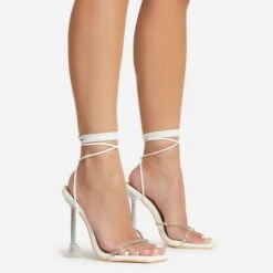 EGO Romantic Diamante Detail Lace Up Square Toe Clear Perspex Sculptured Heel In White Faux Leather
