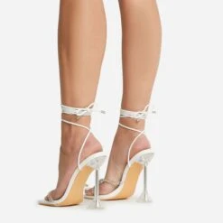EGO Romantic Diamante Detail Lace Up Square Toe Clear Perspex Sculptured Heel In White Faux Leather -EGO Sales 22 09 22 fwbags0119