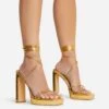 EGO Gemini Strappy Lace Up Square Toe Platform Thin Block Heel In Gold Croc Print Faux Leather -EGO Sales 22 09 22 fwbags0131