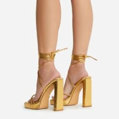 EGO Gemini Strappy Lace Up Square Toe Platform Thin Block Heel In Gold Croc Print Faux Leather -EGO Sales 22 09 22 fwbags0134