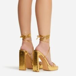 EGO Gemini Strappy Lace Up Square Toe Platform Thin Block Heel In Gold Croc Print Faux Leather -EGO Sales 22 09 22 fwbags0135