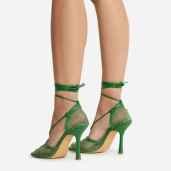 EGO New-Me Lace Up Square Toe Court Heel In Green Fishnet -EGO Sales 22 09 22 fwbags0144