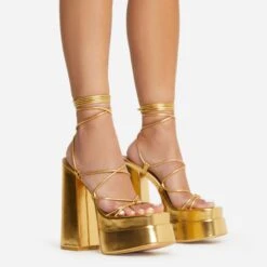 EGO Mika Lace Up Knotted Strap Detail Square Toe Platform Block Heel In Gold Faux Leather -EGO Sales 22 09 22 fwbags0166 copy