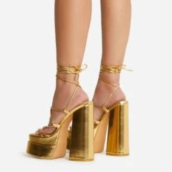 EGO Mika Lace Up Knotted Strap Detail Square Toe Platform Block Heel In Gold Faux Leather -EGO Sales 22 09 22 fwbags0169 copy