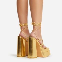 EGO Mika Lace Up Knotted Strap Detail Square Toe Platform Block Heel In Gold Faux Leather -EGO Sales 22 09 22 fwbags0170 copy