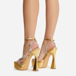 EGO Show-Ahead Clear Perspex Strap Diamante Detail Platform Flared Block Heel In Gold Faux Leather -EGO Sales 22 09 22 fwbags0204 sq