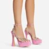 EGO Show-Ahead Clear Perspex Strap Diamante Detail Platform Flared Block Heel In Pink Faux Leather