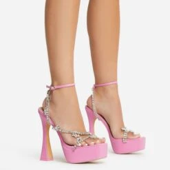 EGO Show-Ahead Clear Perspex Strap Diamante Detail Platform Flared Block Heel In Pink Faux Leather