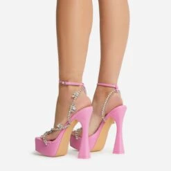 EGO Show-Ahead Clear Perspex Strap Diamante Detail Platform Flared Block Heel In Pink Faux Leather -EGO Sales 22 09 22 fwbags0209 sq