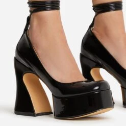 EGO Ahead-Of-The-Curve Lace Up Square Closed Toe Platform Curved Block Heel In Black Patent -EGO Sales 22 09 22 fwbags0213 copy