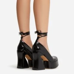 EGO Ahead-Of-The-Curve Lace Up Square Closed Toe Platform Curved Block Heel In Black Patent -EGO Sales 22 09 22 fwbags0215 copy