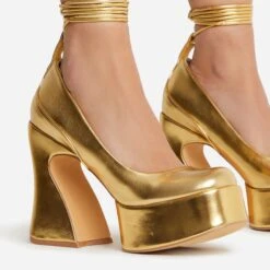 EGO Ahead-Of-The-Curve Lace Up Square Closed Toe Platform Curved Block Heel In Gold Faux Leather -EGO Sales 22 09 22 fwbags0218 copy