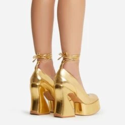 EGO Ahead-Of-The-Curve Lace Up Square Closed Toe Platform Curved Block Heel In Gold Faux Leather -EGO Sales 22 09 22 fwbags0220 copy