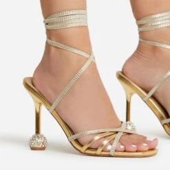EGO Nightime Lace Up Diamante Detail Statement Heel In Gold Faux Leather -EGO Sales 22 09 22 fwbags0249 sq