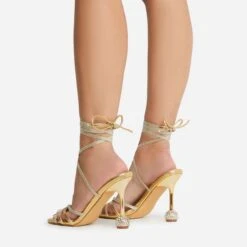 EGO Nightime Lace Up Diamante Detail Statement Heel In Gold Faux Leather -EGO Sales 22 09 22 fwbags0250 sq