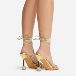 EGO Nightime Lace Up Diamante Detail Statement Heel In Gold Faux Leather -EGO Sales 22 09 22 fwbags0251 sq