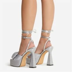 EGO Taste Lace Up Diamante Bow Detail Square Peep Toe Platform Flared Block Heel In Silver Faux Leather -EGO Sales 22 09 22 fwbags0315 copy 2