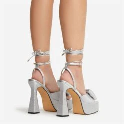 EGO Taste Lace Up Diamante Bow Detail Square Peep Toe Platform Flared Block Heel In Silver Faux Leather -EGO Sales 22 09 22 fwbags0316 copy 2