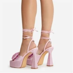EGO Taste Lace Up Diamante Bow Detail Square Peep Toe Platform Flared Block Heel In Pink Faux Leather -EGO Sales 22 09 22 fwbags0320 copy 2