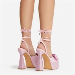 EGO Taste Lace Up Diamante Bow Detail Square Peep Toe Platform Flared Block Heel In Pink Faux Leather -EGO Sales 22 09 22 fwbags0321 copy 2
