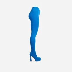 EGO Hypnosis Closed Square Toe Platform Flared Block Heel Long Legging Boot In Blue Lycra -EGO Sales 22 09 22 fwbags0351 sq
