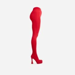 EGO Hypnosis Closed Square Toe Platform Flared Block Heel Long Legging Boot In Red Lycra -EGO Sales 22 09 22 fwbags0352 sq