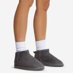 EGO Ultra Mini Ankle Length Faux Fur Lining Boots In Grey Faux Suede