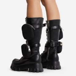 EGO Fyre Pocket Detail Lace Up Chunky Sole Ankle Biker Boot In Black Faux Leather -EGO Sales 22 09 22 fwbags1906