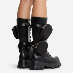 EGO Fyre Pocket Detail Lace Up Chunky Sole Ankle Biker Boot In Black Faux Leather -EGO Sales 22 09 22 fwbags1907