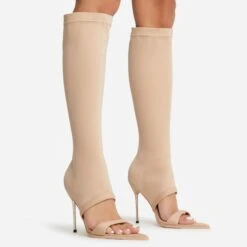 EGO Nessa Pointed Toe Metallic Stiletto Heel Knee High Long Boot In Nude Lycra