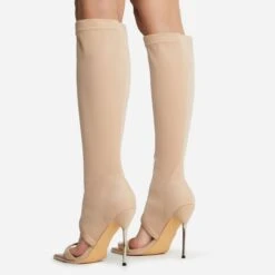 EGO Nessa Pointed Toe Metallic Stiletto Heel Knee High Long Boot In Nude Lycra -EGO Sales 22 09 22 fwbags1926 copy