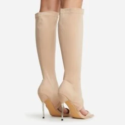 EGO Nessa Pointed Toe Metallic Stiletto Heel Knee High Long Boot In Nude Lycra -EGO Sales 22 09 22 fwbags1927 copy