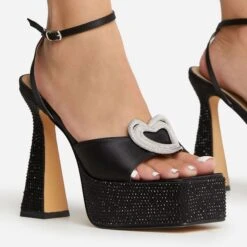 EGO Sparkling Diamante Detail Square Peep Toe Platform Flared Block Heel In Black Satin -EGO Sales 22 09 22 fwbags1953 copy