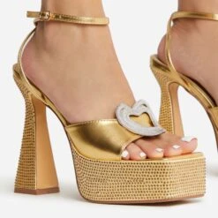 EGO Sparkling Diamante Detail Square Peep Toe Platform Flared Block Heel In Gold Faux Leather -EGO Sales 22 09 22 fwbags1957 copy