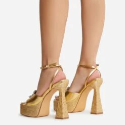 EGO Sparkling Diamante Detail Square Peep Toe Platform Flared Block Heel In Gold Faux Leather -EGO Sales 22 09 22 fwbags1958 copy
