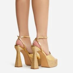 EGO Sparkling Diamante Detail Square Peep Toe Platform Flared Block Heel In Gold Faux Leather -EGO Sales 22 09 22 fwbags1959 copy