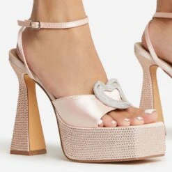 EGO Sparkling Diamante Detail Square Peep Toe Platform Flared Block Heel In Nude Satin -EGO Sales 22 09 22 fwbags1961 copy