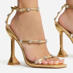 EGO Jocee Diamante Triple Strap Square Toe Statement Heel In Gold Faux Leather -EGO Sales 22 09 22 fwbags1969 sq