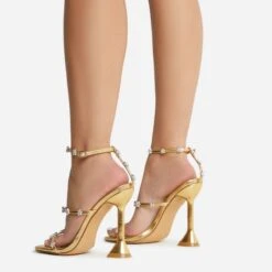 EGO Jocee Diamante Triple Strap Square Toe Statement Heel In Gold Faux Leather -EGO Sales 22 09 22 fwbags1970 sq