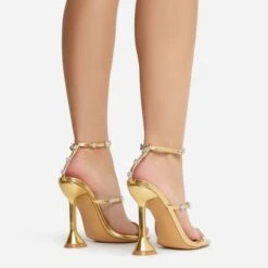 EGO Jocee Diamante Triple Strap Square Toe Statement Heel In Gold Faux Leather -EGO Sales 22 09 22 fwbags1971 sq