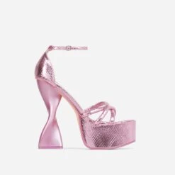EGO Sweetner Strappy Open Toe Platform Twisted Statement Heel In Pink Metallic Croc Print Faux Leather -EGO Sales 2261 blk12987