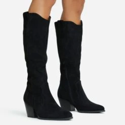 EGO Magnum Pointed Toe Block Heel Knee High Long Western Cowboy Boot In Black Faux Suede