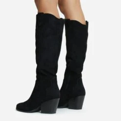 EGO Magnum Pointed Toe Block Heel Knee High Long Western Cowboy Boot In Black Faux Suede -EGO Sales 2261 blk15974
